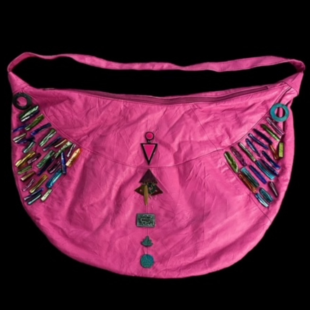 Customed Hot Pink Leather & Vintage Stones Hobo Bag